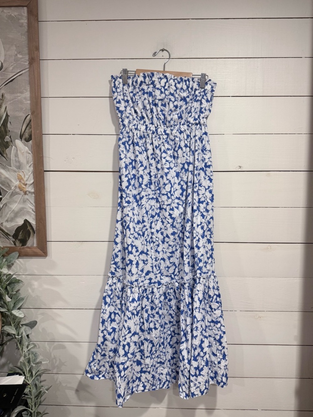 Blue and White Floral Strapless Maxi Dress